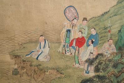 Trois peintures chinoises sur textile: 'Aux bords des rivi&egrave;res', 18/19&egrave;me