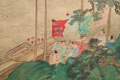 Trois peintures chinoises sur textile: 'Aux bords des rivi&egrave;res', 18/19&egrave;me