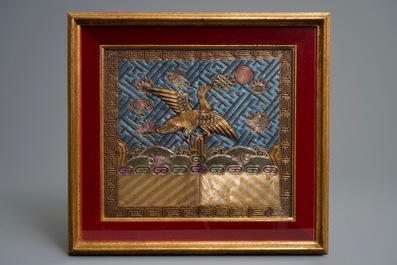 Three Chinese paintings on textile and a pair of rank badges with cranes, 19th C.