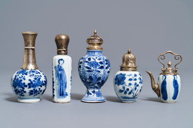 Ten Chinese silver-mounted blue and white miniature vases, Kangxi