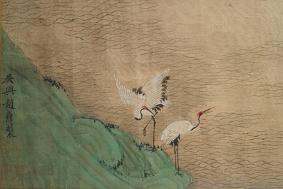 Trois peintures chinoises sur textile: 'Aux bords des rivi&egrave;res', 18/19&egrave;me