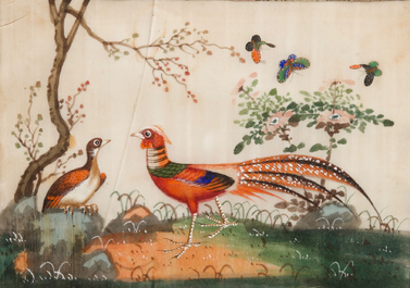 Zes diverse ingelijste Chinese schilderingen op rijstpapier, Canton, 19e eeuw