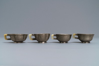 Two pairs of inscribed Chinese jade and pewter-mounted Yixing stoneware cups, 19/20th C.