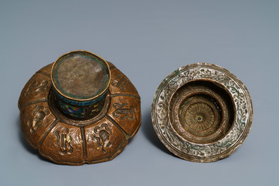 A Tibetan silver-inlaid bronze mask, a figure of Mahakala and a jade bowl on stand, Tibet, 19/20th C.