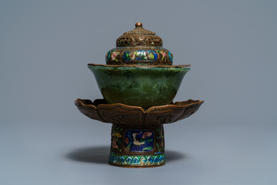 A Tibetan silver-inlaid bronze mask, a figure of Mahakala and a jade bowl on stand, Tibet, 19/20th C.