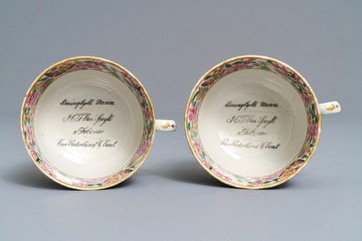 A pair of Chinese Canton famille rose cups and saucers inscribed for Van Speyk and dated 1831