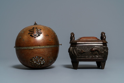 Two Chinese bronze censers, two seals and an inscribed box and cover, 19/20th C.