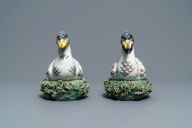 A pair of polychrome Dutch Delft duck-shaped tureens, 18th C.