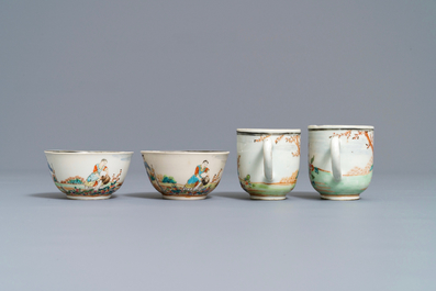 Quatre tasses et soucoupes en porcelaine de Chine famille rose &agrave; sujet europ&eacute;en, Qianlong