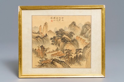 Four various framed Chinese mountainous landscape paintings, ink and color on silk, 20th C.