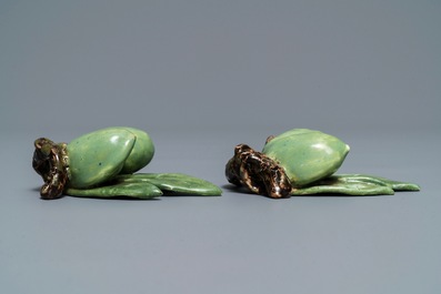 Two pairs of polychrome Dutch Delft models of olives, 18th C.