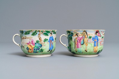 A pair of Chinese Canton famille rose cups and saucers inscribed for Van Speyk and dated 1831