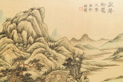 Four various framed Chinese mountainous landscape paintings, ink and color on silk, 20th C.