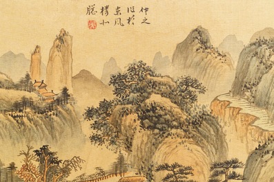 Four various framed Chinese mountainous landscape paintings, ink and color on silk, 20th C.