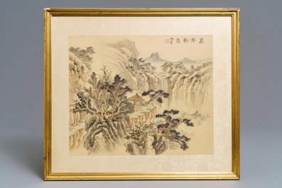 Four various framed Chinese mountainous landscape paintings, ink and color on silk, 20th C.