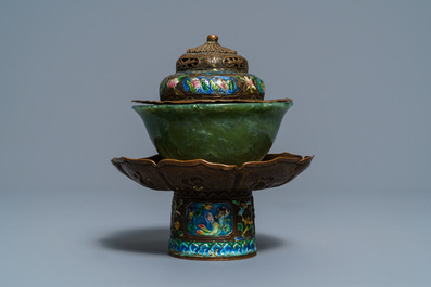 A Tibetan silver-inlaid bronze mask, a figure of Mahakala and a jade bowl on stand, Tibet, 19/20th C.