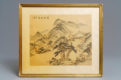 Quatre peintures encadr&eacute;es de paysages montagnards, encre et couleurs sur soie, Chine, 20&egrave;me