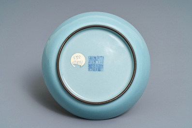 A Chinese monochrome clair-de-lune-glazed saucer dish, Qianlong mark, 19/20th C.