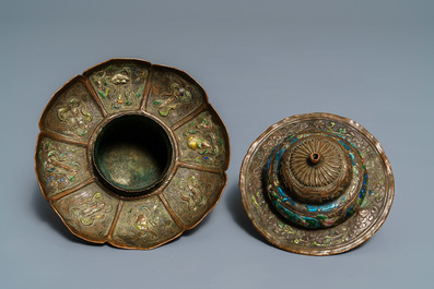 A Tibetan silver-inlaid bronze mask, a figure of Mahakala and a jade bowl on stand, Tibet, 19/20th C.