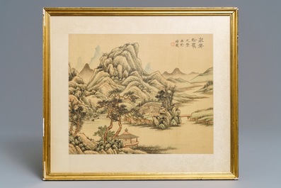 Four various framed Chinese mountainous landscape paintings, ink and color on silk, 20th C.