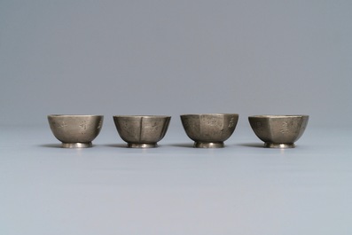 Four inscribed Chinese jade and pewter-mounted Yixing stoneware cups, 19/20th C.