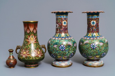 Four Chinese cloisonn&eacute; vases, 19/20th C.