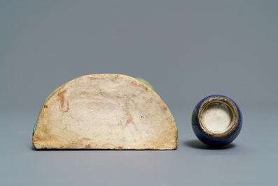 A Chinese blue, white and underglaze red censer, a wall pocket vase and a monochrome blue vase, 19/20th C.