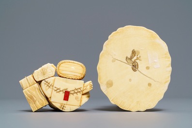 Two signed Japanese ivory okimono, Meiji, 19th C.