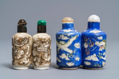 Two Chinese porcelain twin snuff bottles with dragons, 19th C.