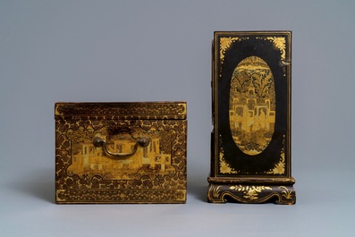 A Chinese gilt-lacquered cabinet and a box, Canton, 19th C.