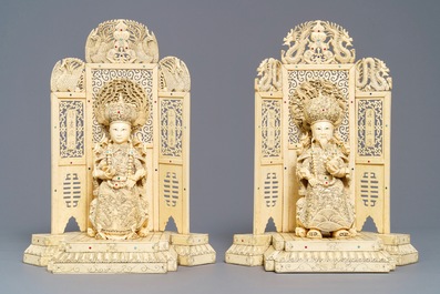 A pair of large Chinese inlaid ivory groups of the imperial couple, ca. 1900