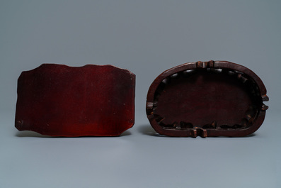 Two Chinese carved bamboo brush pots and five wooden stands, 19/20th C.