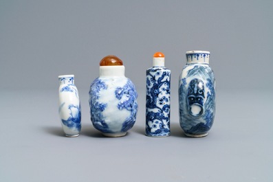 Four Chinese blue and white porcelain snuff bottles, 19/20th C.