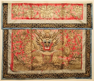 Une paire de grands panneaux de broderies de soie &agrave; d&eacute;cor de dragons, Chine, 19&egrave;me