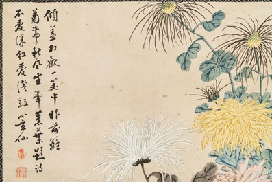 Wu Shuben (Chine, 1869-1938): Composition florale, encre et couleurs sur soie