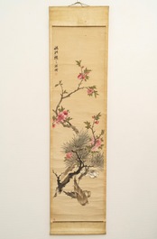 Zhao Zhiqian (China, 1829&ndash;1884): 'Three friends of winter', ink and color on paper, mounted on scroll