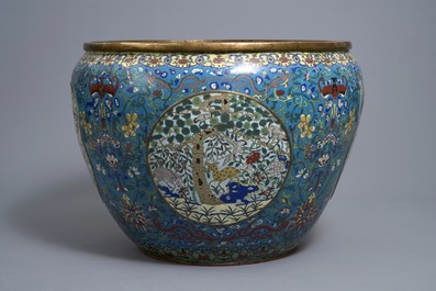 An exceptionally large Chinese gilt bronze and cloisonn&eacute; fish bowl, Jiaqing