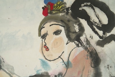 Ecole chinoise, 20&egrave;me: Femme allong&eacute;e, encre et couleurs sur papier