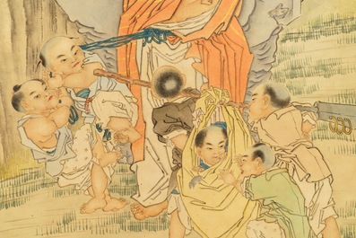 Shen Zhaohan (Xinhai) (China, 1855 - 1941): Bouddha aux enfants, encre et couleurs sur papier, mont&eacute; en rouleau