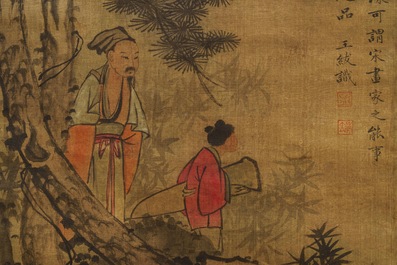 Chinese school, Qing, after Wang Fu (1362-1416): Figures in a landscape, ink and color on silk, mounted on scroll