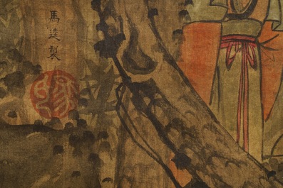 Chinese school, Qing, after Wang Fu (1362-1416): Figures in a landscape, ink and color on silk, mounted on scroll