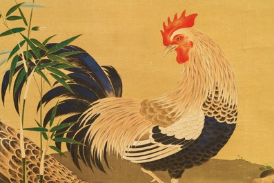 Japanese school: Hen, rooster and chicks, watercolor and ink on paper, mounted on scroll, Meiji, 19th C.