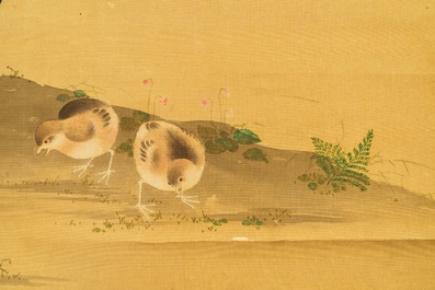 Japanese school: Hen, rooster and chicks, watercolor and ink on paper, mounted on scroll, Meiji, 19th C.