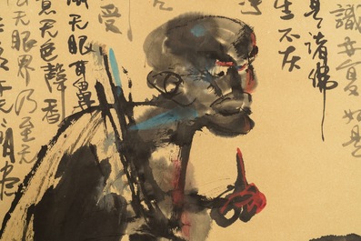 Ecole chinoise, 20&egrave;me: Deux figures et calligraphie, encre et couleurs sur papier, mont&eacute; en rouleau