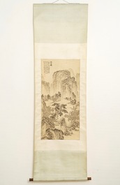 Wu Hufan (China, 1894-1968): Berglandschap met figuur, inkt op papier, gemonteerd op rol