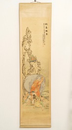 Shen Zhaohan (Xinhai) (China, 1855 - 1941): Bouddha aux enfants, encre et couleurs sur papier, mont&eacute; en rouleau