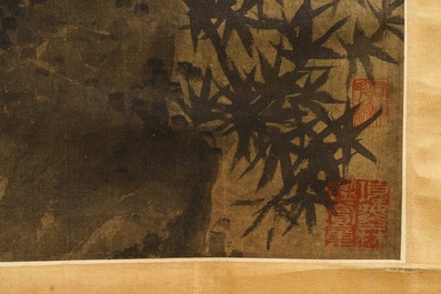 Ecole chinoise, Qing, d'apr&egrave;s Wang Fu (1362-1416): Figures dans un paysage, encre et couleurs sur soie, mont&eacute;e en rouleau