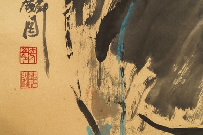 Chinese school, 20th C.: Two figures and calligraphy, ink and color on paper, mounted on scroll