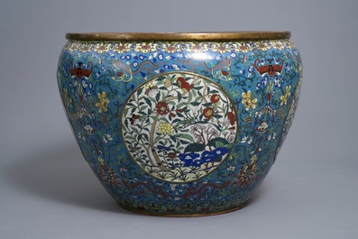 An exceptionally large Chinese gilt bronze and cloisonn&eacute; fish bowl, Jiaqing