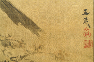 Tani Buncho (Japan, 1763-1841): Vogels op een bloesemtak, inkt en kleur op zijde, in lijst